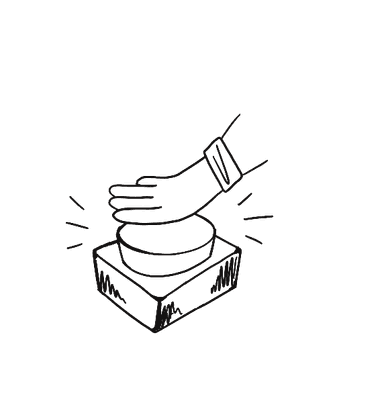 Illustration of a hand pressing a large button on a rectangular base.