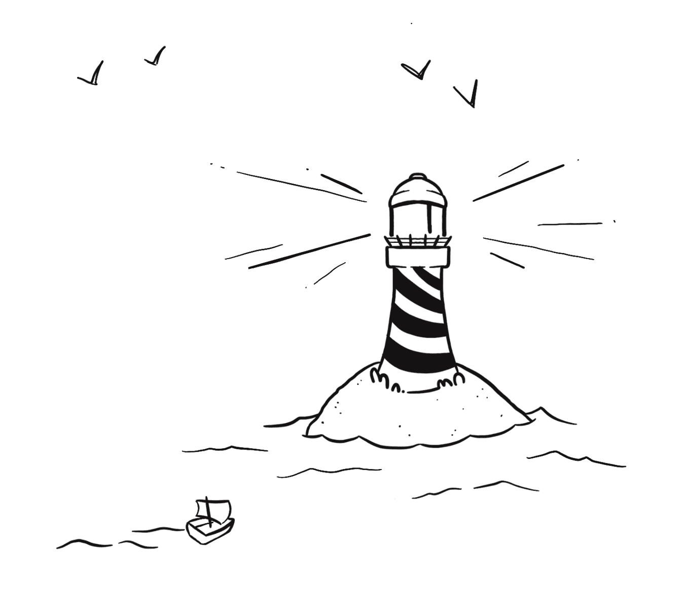 Illustration of a lighthouse on a rock surrounded by ocean waves with birds flying in the sky and a small boat in the foreground.