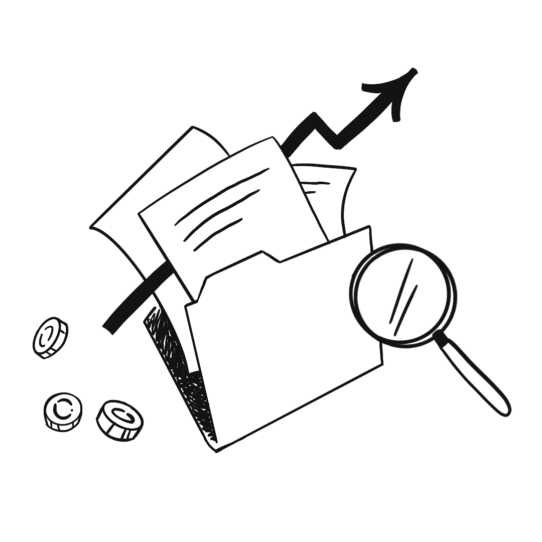 Illustration of a folder with documents, magnifying glass, upward arrow, and coins