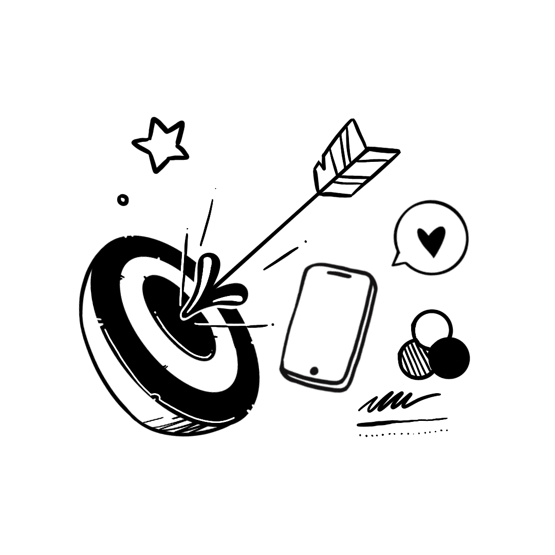 Hand-drawn illustration of a smartphone with user interface elements like a map, gear icon, and location pin surrounding it, representing digital connectivity and technology concepts.