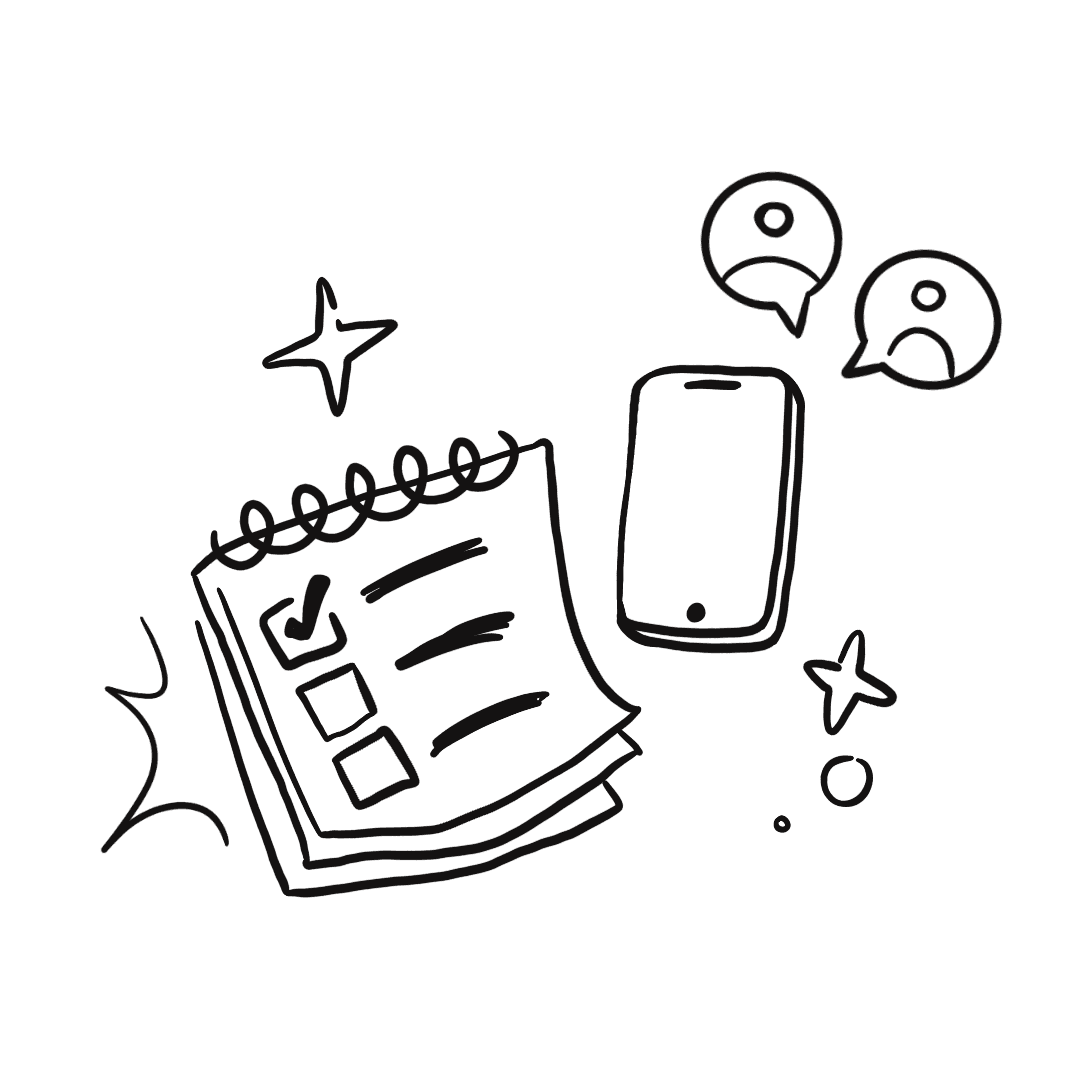 Doodle illustration of a notepad with checkboxes, a smartphone, and chat bubbles.