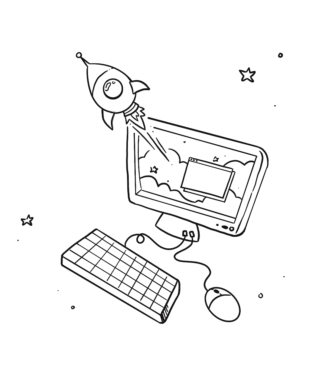Illustration of a computer setup with keyboard, monitor, and mouse, featuring a rocket ship emerging from the monitor screen, surrounded by stars and clouds.
