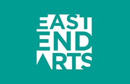 "East End Arts" logo with stylized text on a teal background.