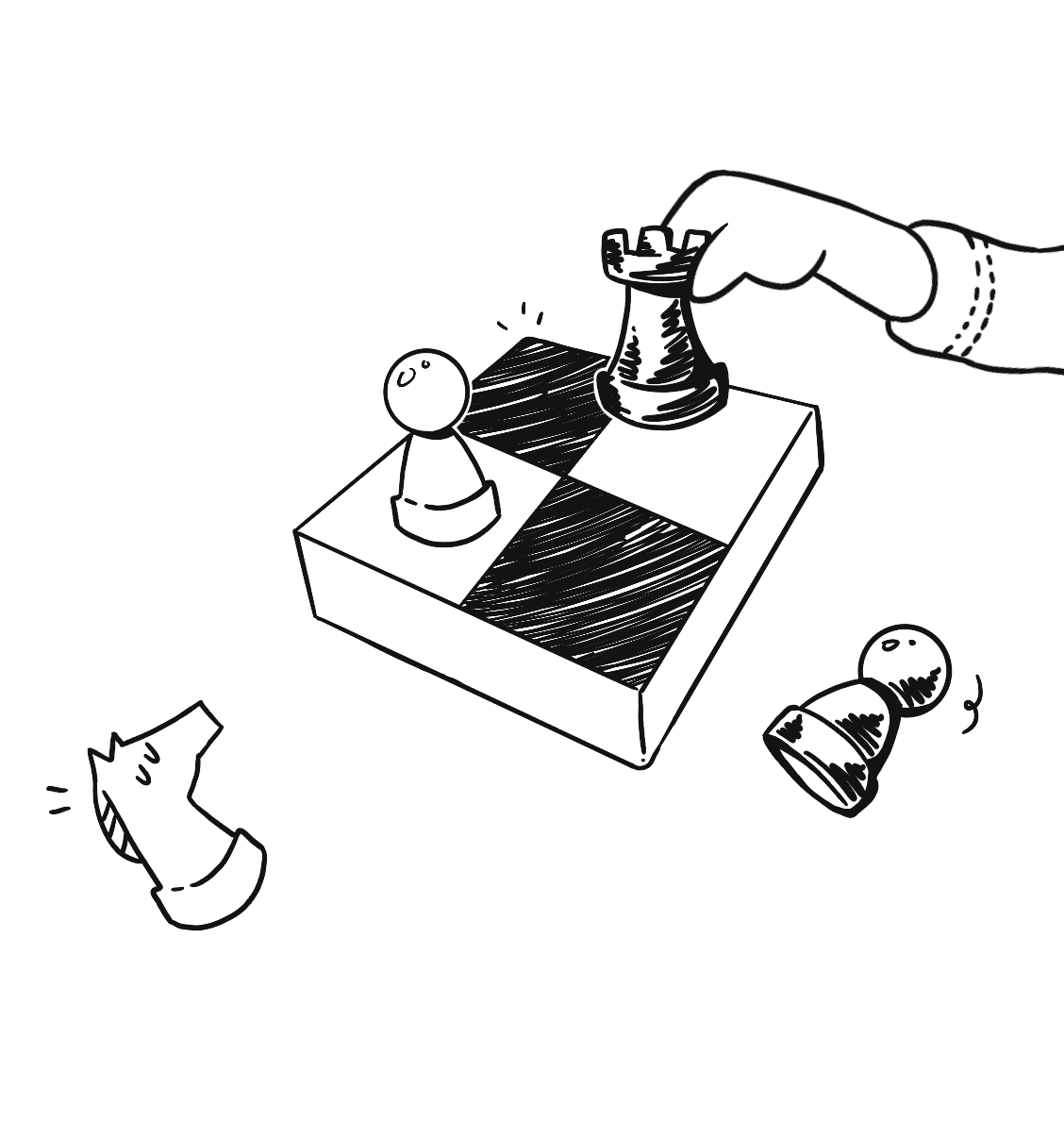 Hand holding a rook chess piece moving on a small chessboard with pawns and a knight nearby in a line drawing style.